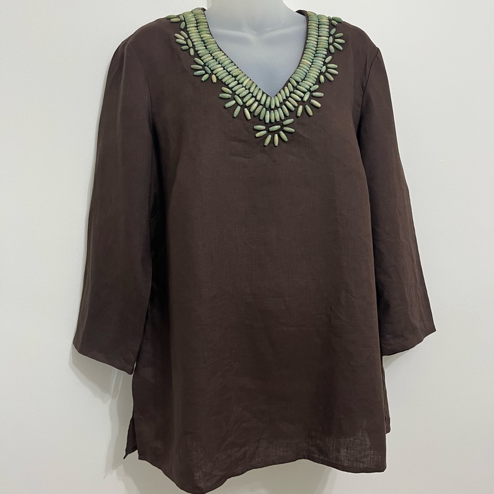 Brown Linen Tunic with Green Embellishments